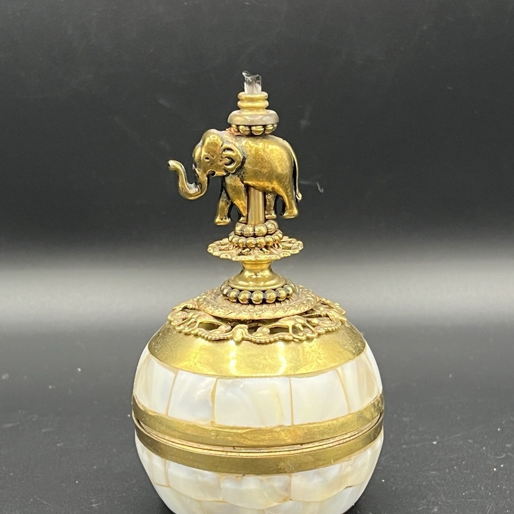 Ornate Brass Mother of Pearl Elephant Oil Lamp Glass Decorative Jeweled 4.5"